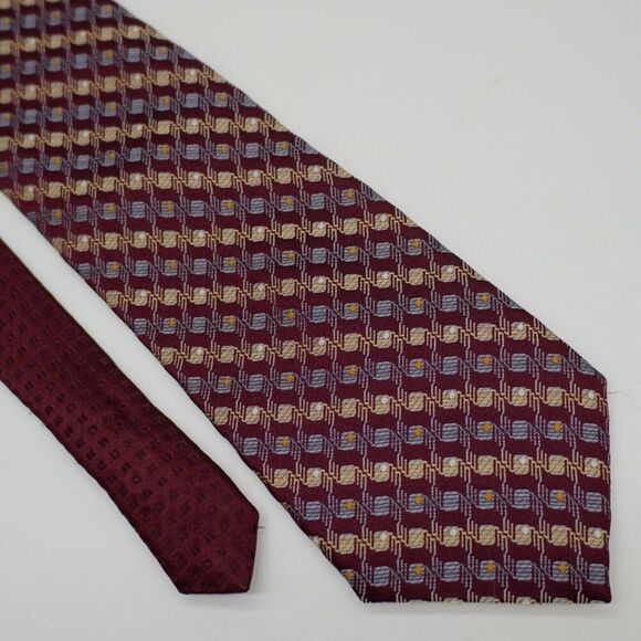 Pronto Uomo Maroon Red Tan Blue Geometric Woven Silk Tie‎ Wide - Picture 1 of 6